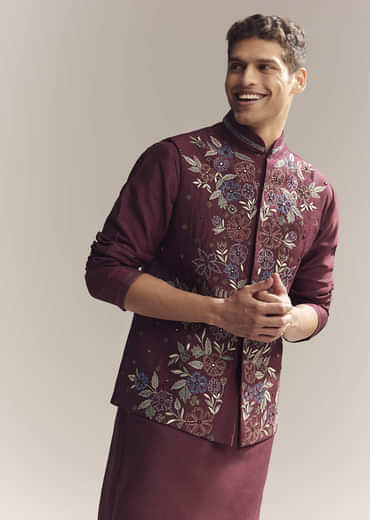 Red Silk Kurta Jacket Set For Men With Resham Embroidery