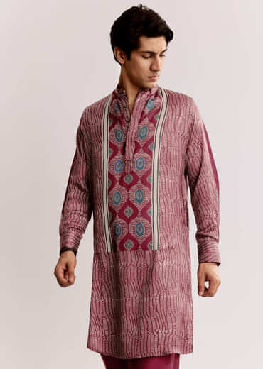 Red Silk Kurta Jacket Set With Ajrakh Print