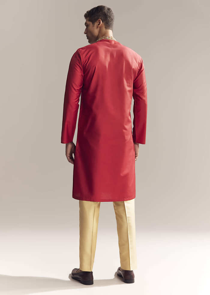 Red Silk Kurta Set For Men With Aari And Resham Knots