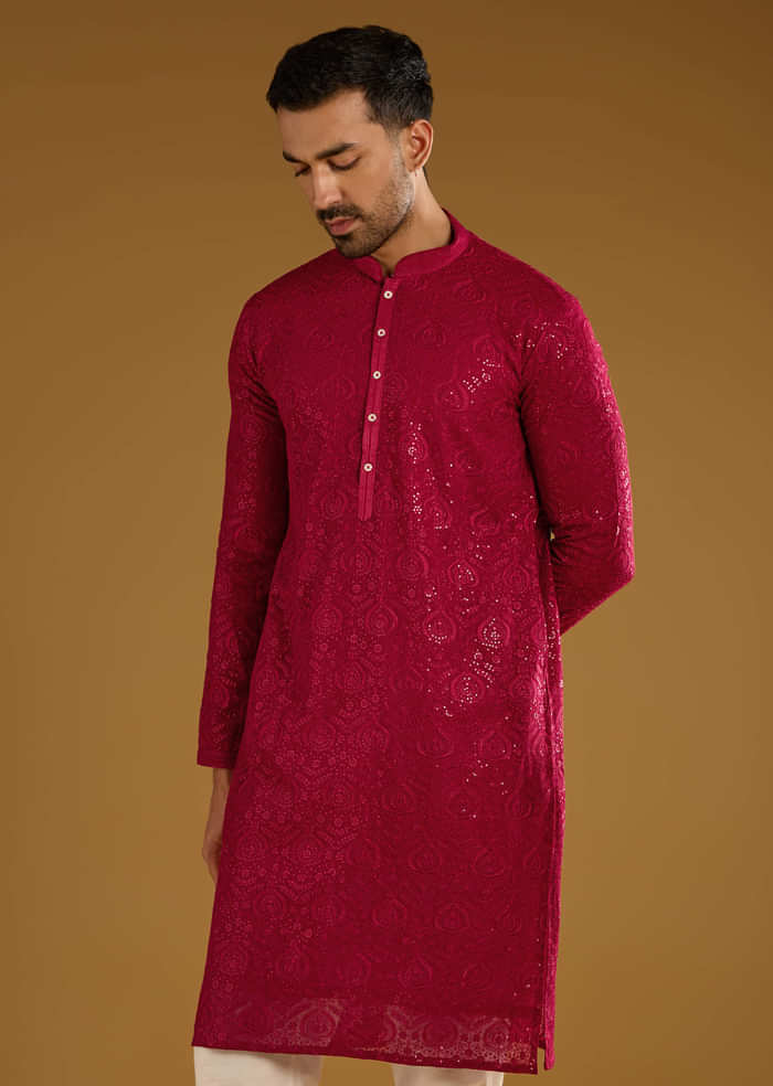 Red Silk Kurta Set For Men With Intricate Hand Embroidery