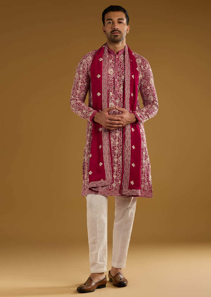 Red Silk Kurta Set For Men With Resham Embroidery