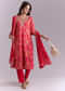 Red Silk Kurta Set With Bandhani Print And Embroidery