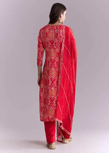 Red Silk Kurta Set With Bandhani Print And Embroidery
