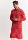 Red Silk Kurta Set With Mandarin Collar