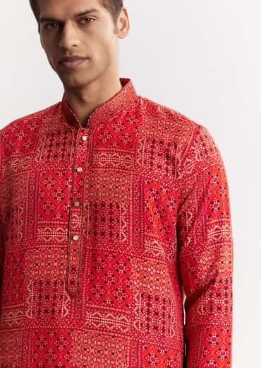 Red Silk Kurta Set With Mandarin Collar