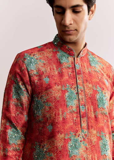 Red Silk Kurta Set With Sequins Embroidery