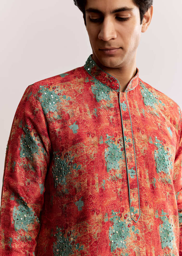 Red Silk Kurta Set With Sequins Embroidery