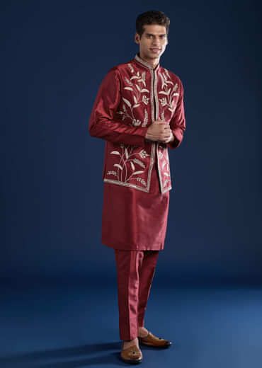 Red Silk Mirror Work Kurta and Jacket Set