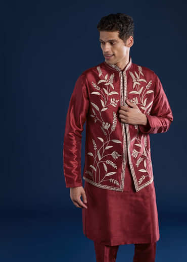 Red Silk Mirror Work Kurta and Jacket Set