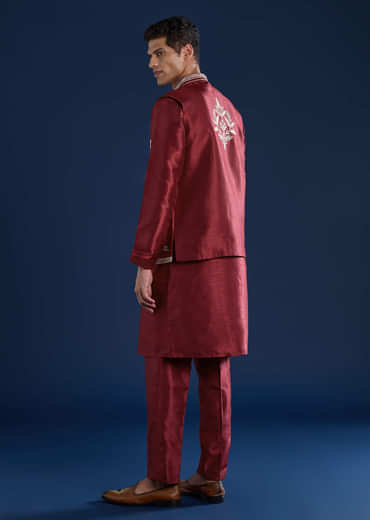 Red Silk Mirror Work Kurta and Jacket Set