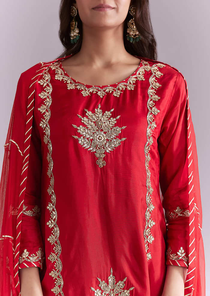 Red Silk Palazzo Suit With Gota Work