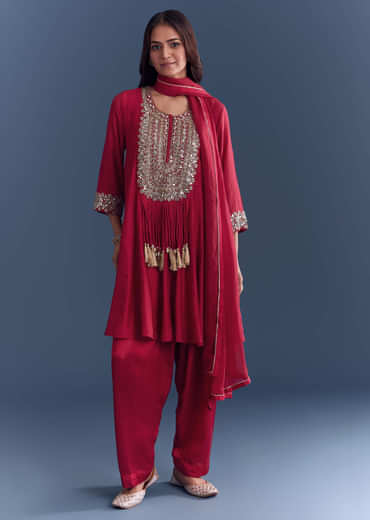 Red Silk Patiala Suit With Mirror And Cutdana Embroidery