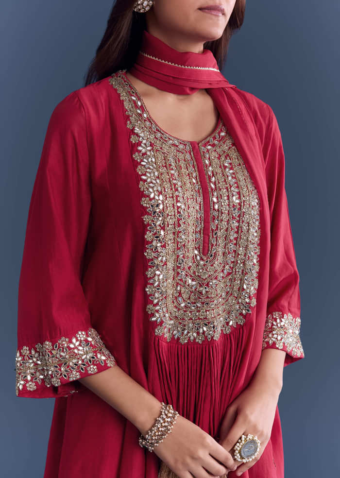 Red Silk Patiala Suit With Mirror And Cutdana Embroidery