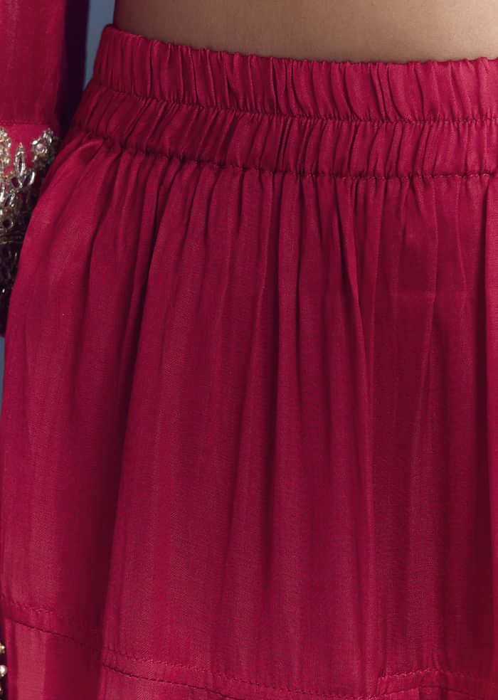 Red Silk Patiala Suit With Mirror And Cutdana Embroidery