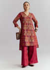 Red Silk Printed Co Ord Set With Heavy Embroidery