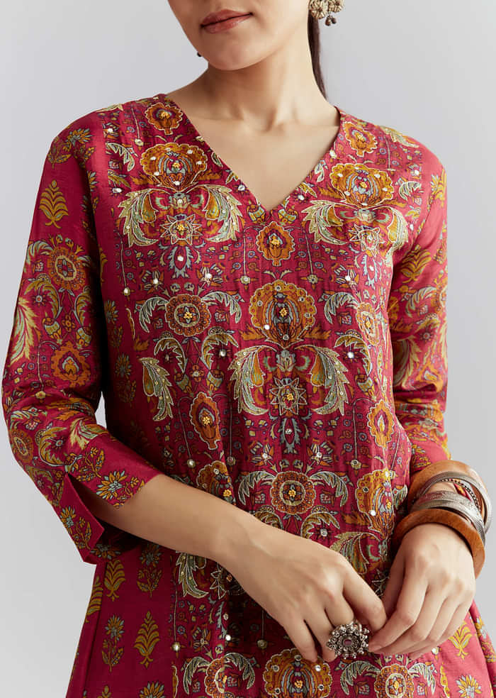 Red Silk Printed Co Ord Set With Heavy Embroidery