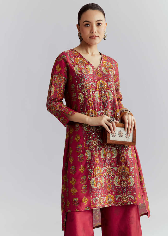 Red Silk Printed Co Ord Set With Heavy Embroidery