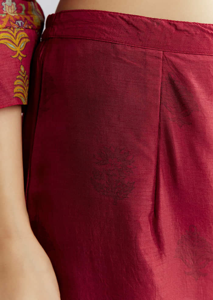 Red Silk Printed Co Ord Set With Heavy Embroidery