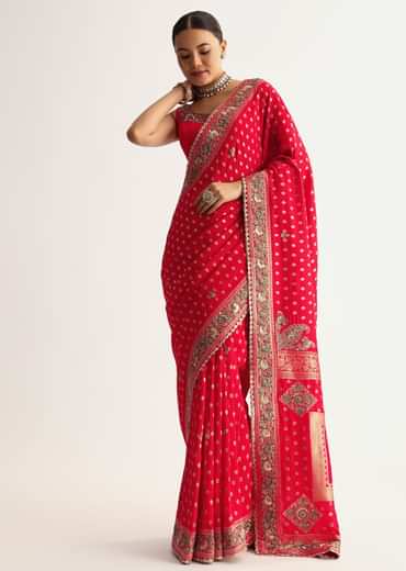 Red Silk Saree With Embroideed Border And Pallu Red Silk Saree With Embroideed Border And Pallu