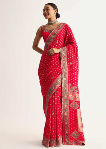 Red Silk Saree With Embroideed Border And Pallu Red Silk Saree With Embroideed Border And Pallu