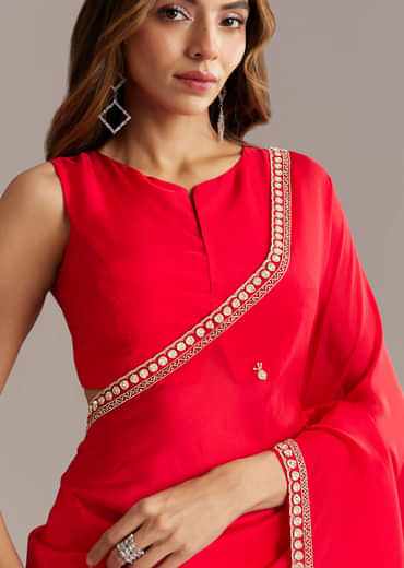 Red Silk Saree With Stone And Cutdana Embroidery