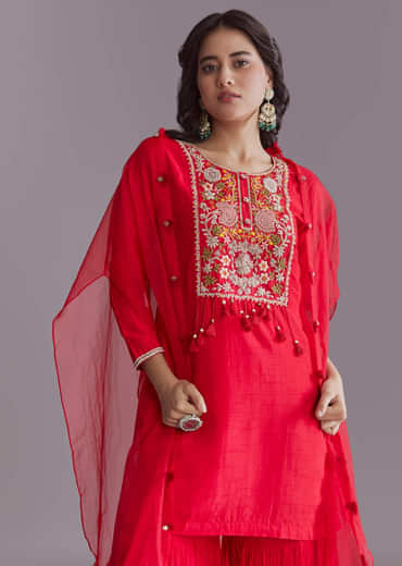 Red Silk Sharara Suit With Resham Work And Cape Dupatta