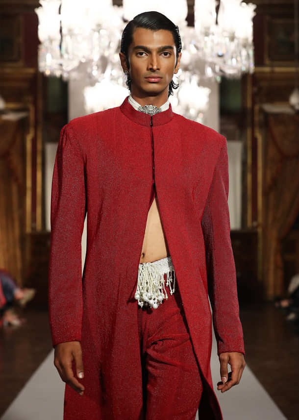 Red Silk Sherwani For Groom With Bead And Zardosi Embroidery