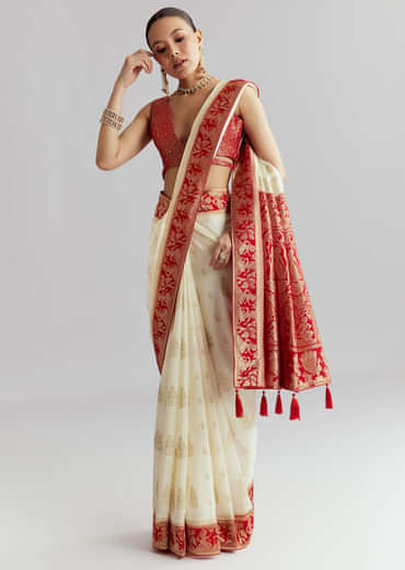 Red Silk Woven Saree With Traditional Human Motifs And Brocade Work