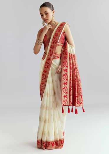 Red Silk Woven Saree With Traditional Human Motifs And Brocade Work