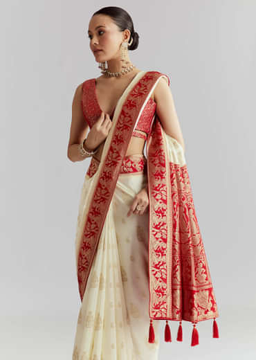 Red Silk Woven Saree With Traditional Human Motifs And Brocade Work