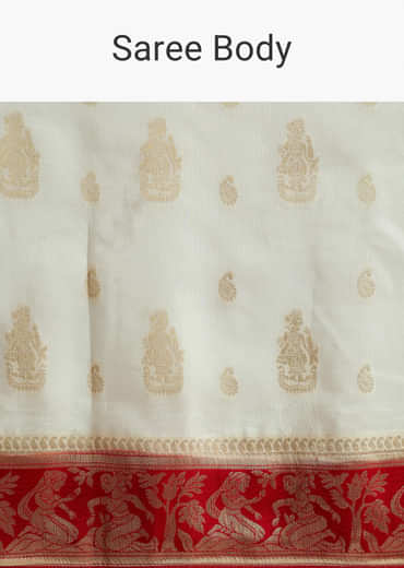 Red Silk Woven Saree With Traditional Human Motifs And Brocade Work