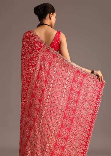 Red Traditional Ajrakh Print Satin Saree With Embellished Scallop Border And Unstitched Blouse