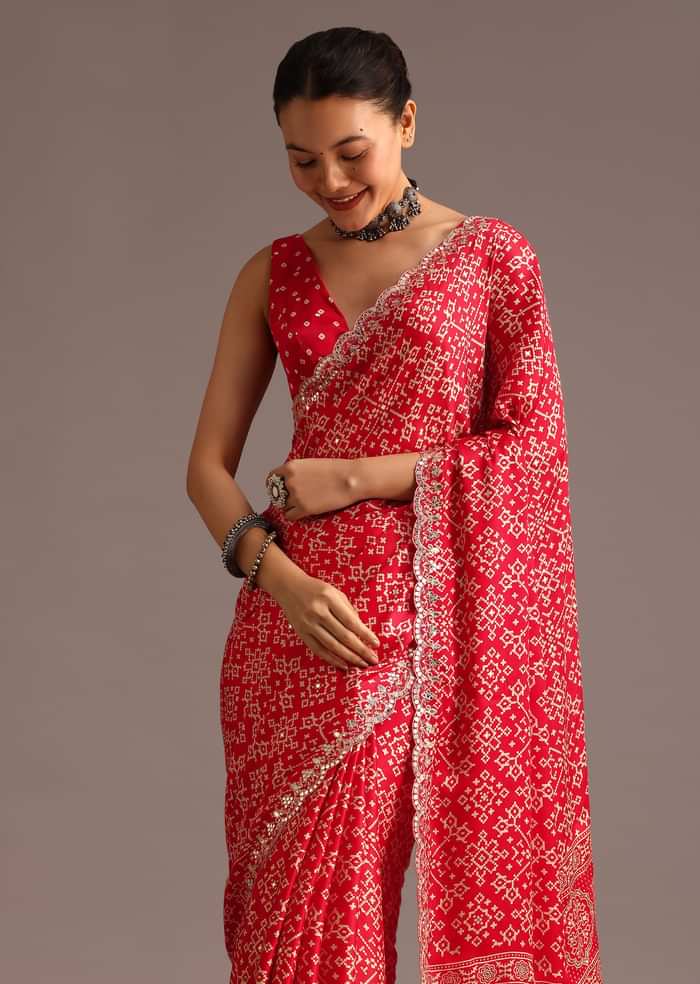 Red Traditional Ajrakh Print Satin Saree With Embellished Scallop Border And Unstitched Blouse