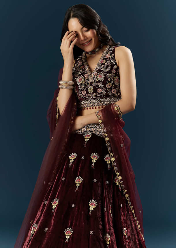 Red Velvet Bridal Lehenga With Cutdana And Beads Embroidery
