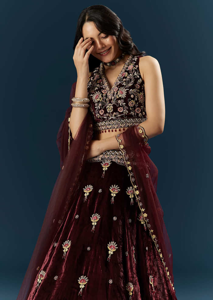 Red Velvet Bridal Lehenga With Cutdana And Beads Embroidery