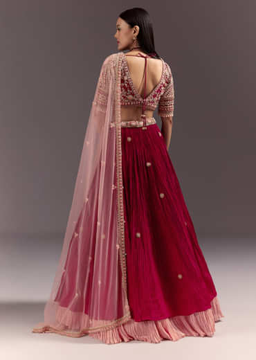 Red Zardosi Embroidered Lehenga Set With Tassel Blouse