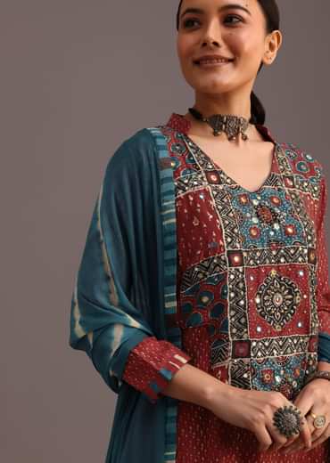 Red Ajrakh Printed Kurta Set With Leheriya Dupatta