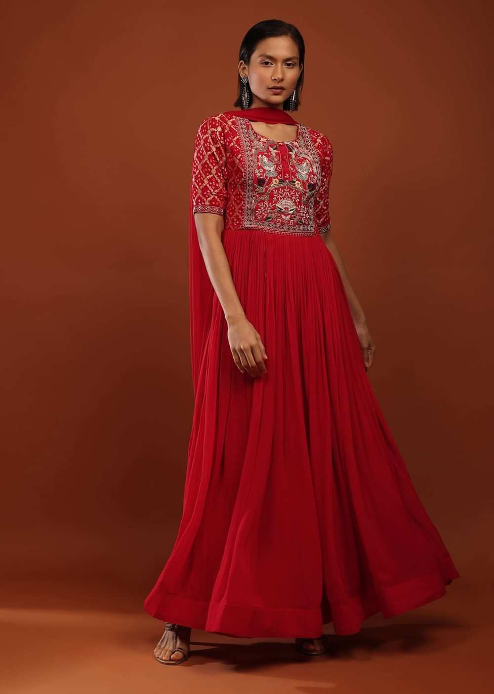 Rose Red Anarkali Suit In Georgette With Bandhani Sleeves And Multi Colored Thread Work