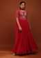 Rose Red Anarkali Suit In Georgette With Bandhani Sleeves And Multi Colored Thread Work