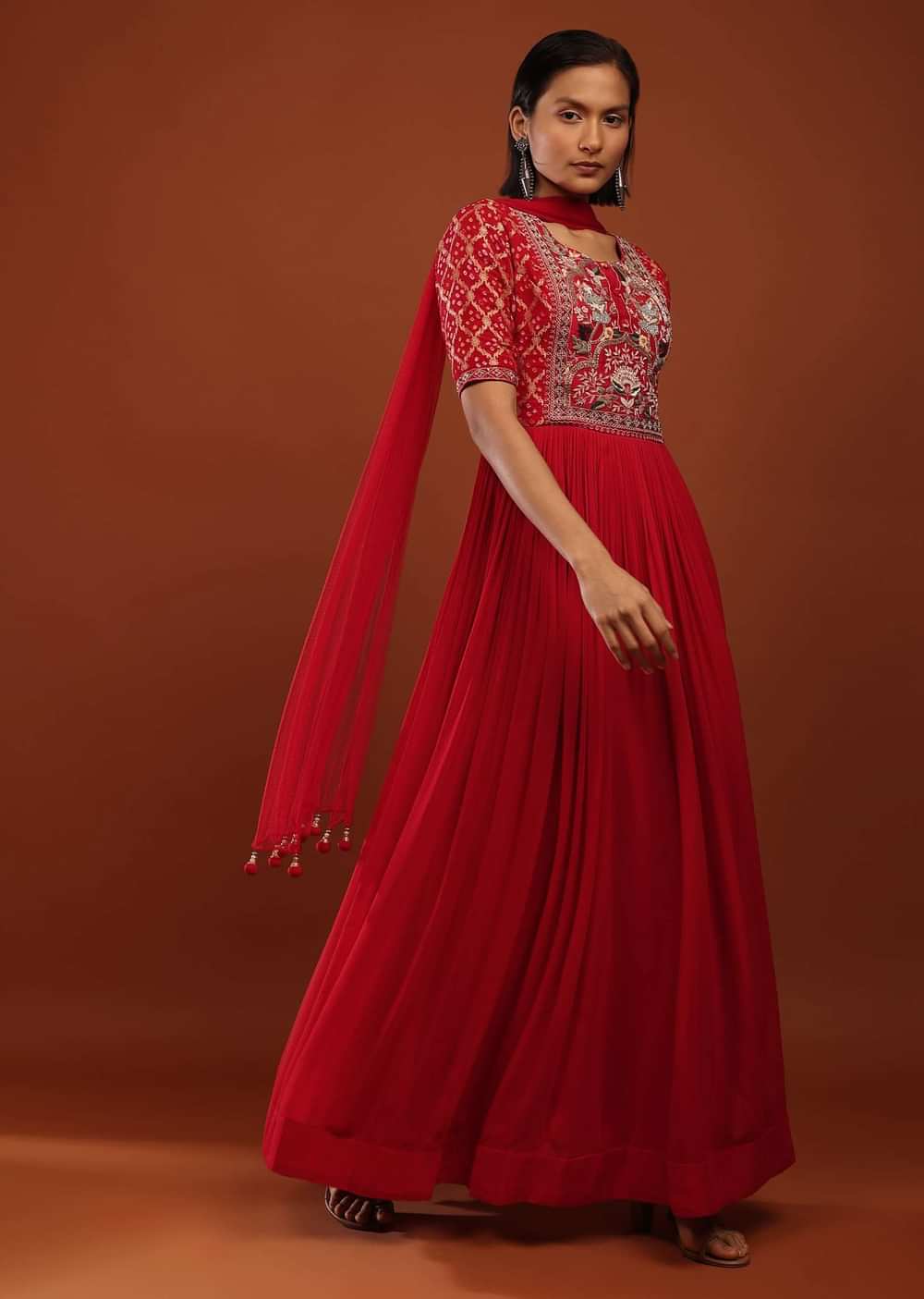 Rose Red Anarkali Suit In Georgette With Bandhani Sleeves And Multi Colored Thread Work