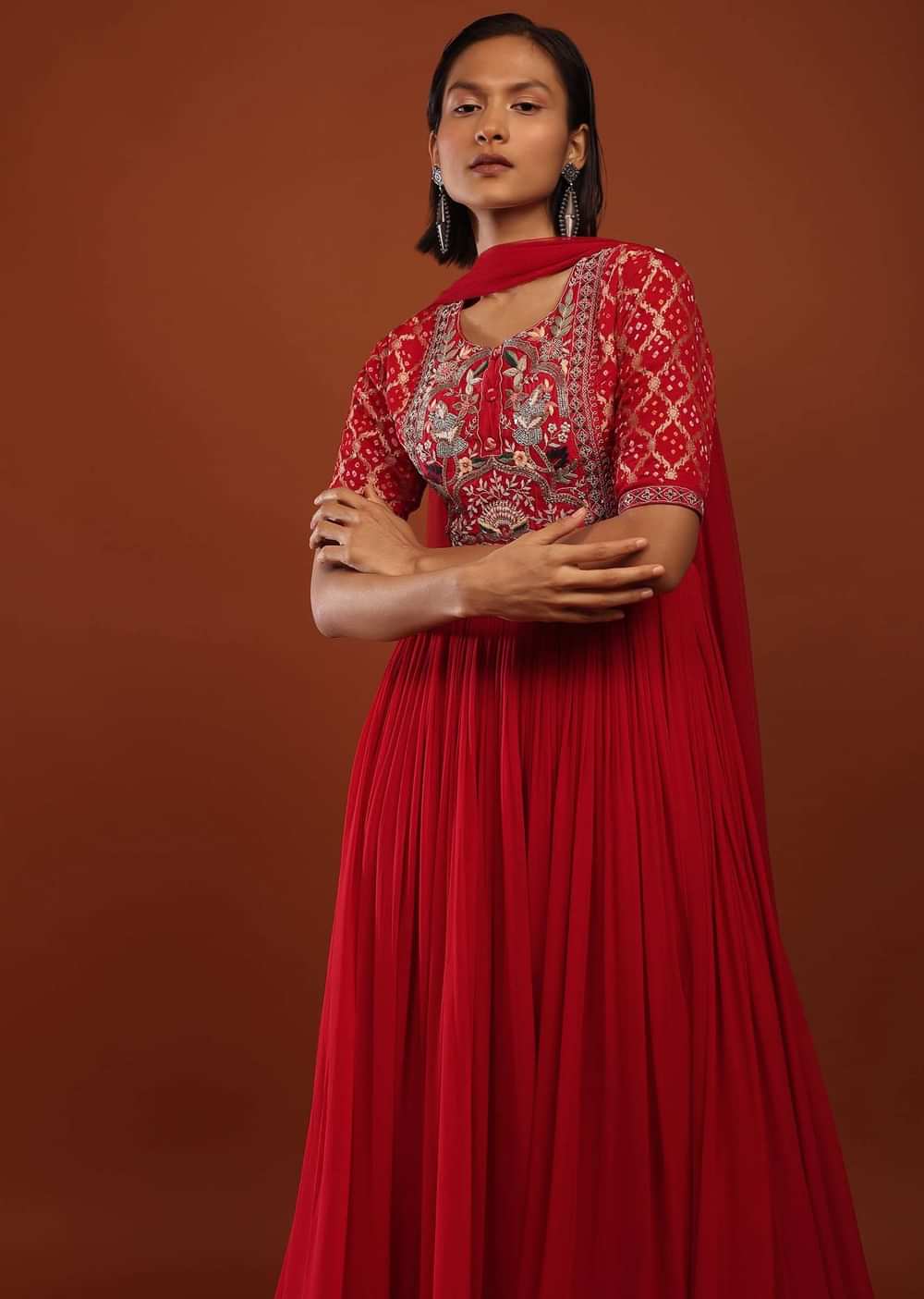 Rose Red Anarkali Suit In Georgette With Bandhani Sleeves And Multi Colored Thread Work