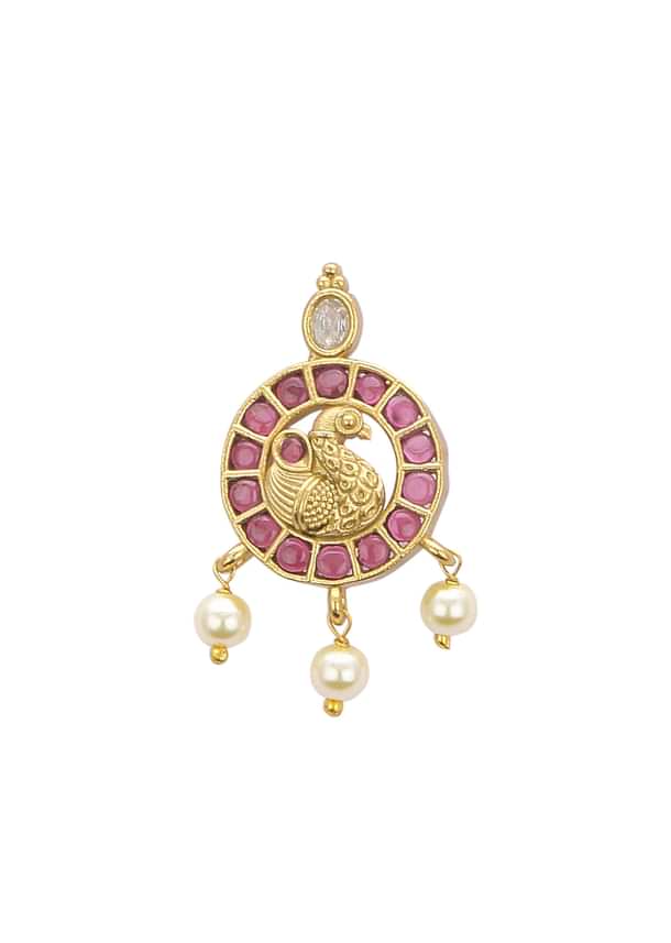 Red And Gold Rajwadi Style Kada Bangle With Enamel Detail And Pendant Drops