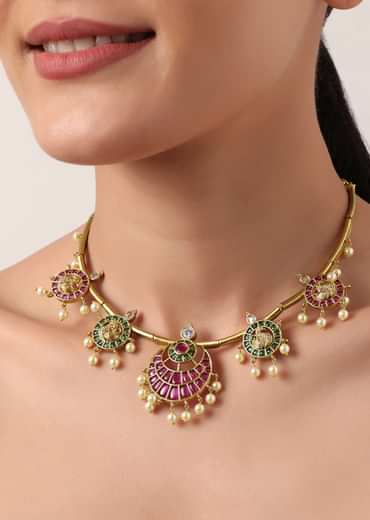 Red And Gold Rajwadi Style Kada Bangle With Enamel Detail And Pendant Drops