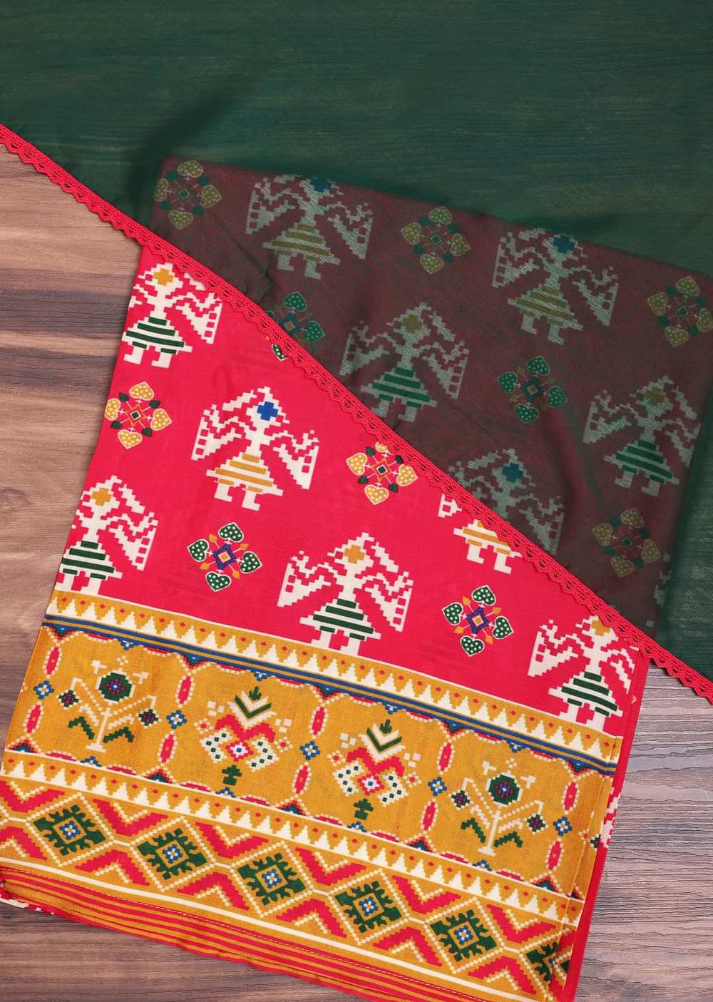 Red And Green Patola Printed Tussar Dress Material