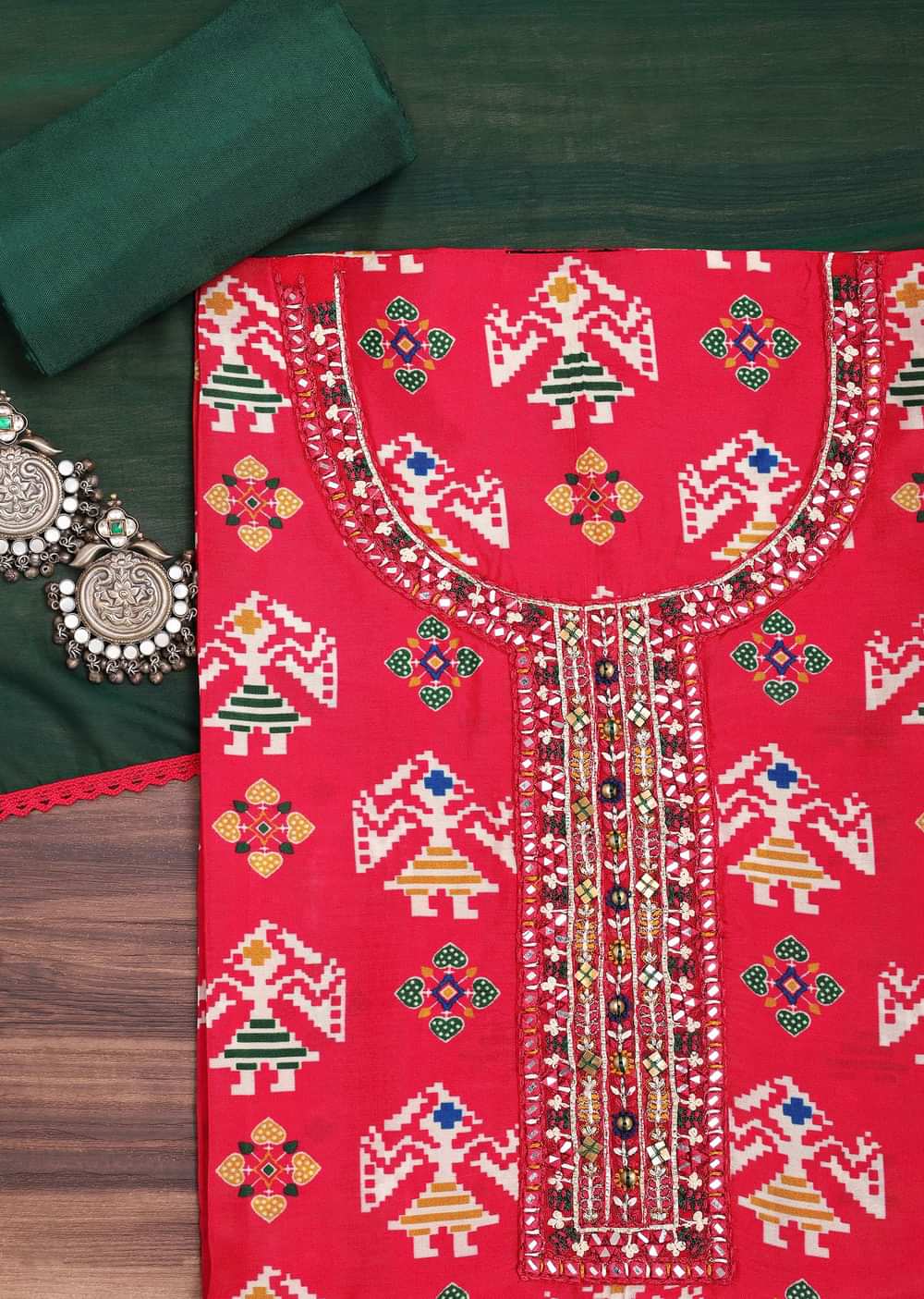 Red And Green Patola Printed Tussar Dress Material