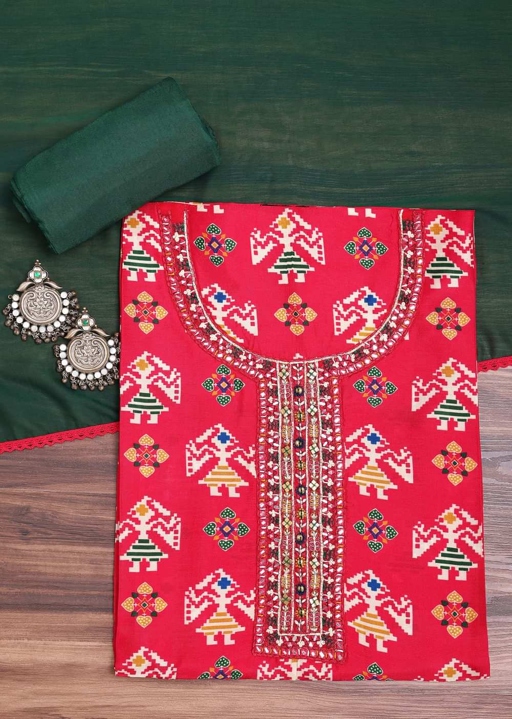 Red And Green Patola Printed Tussar Dress Material