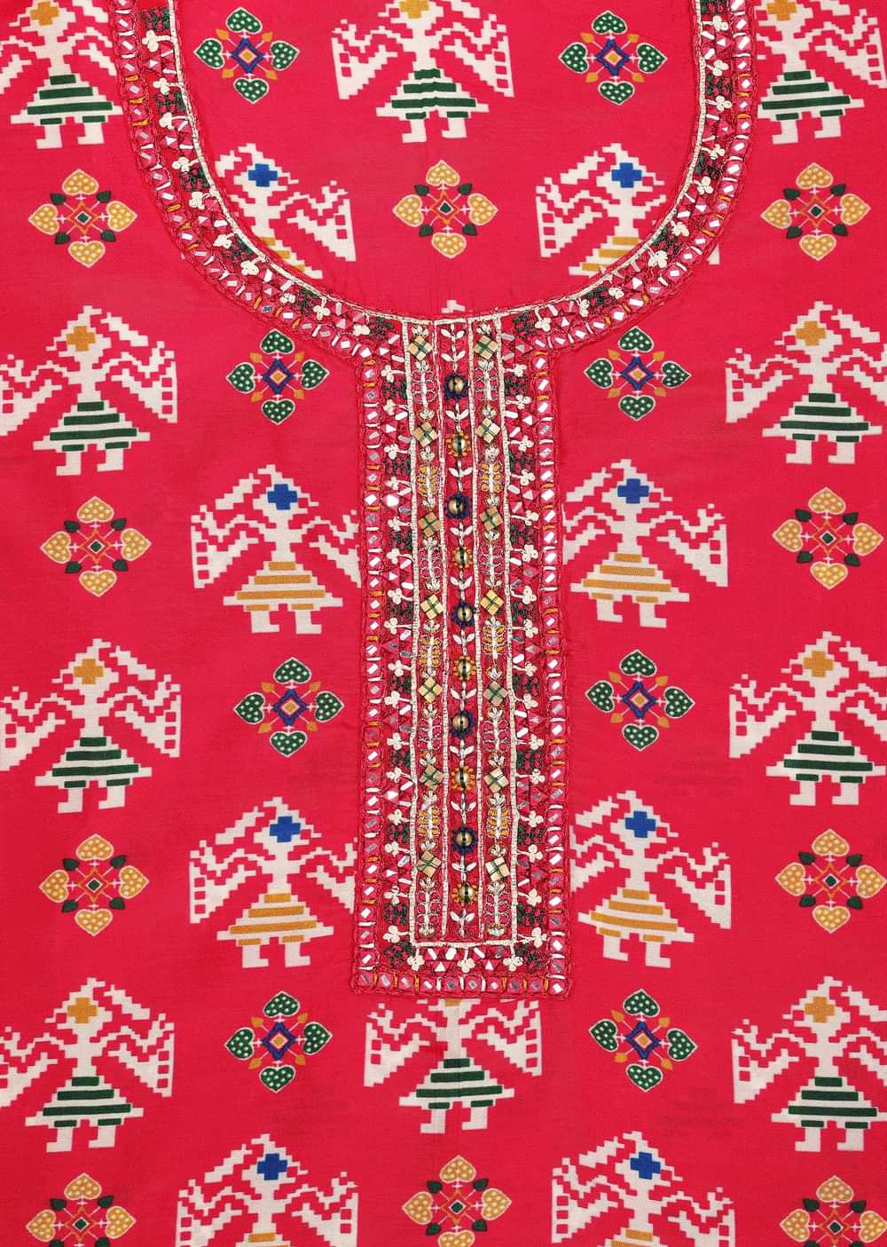 Red And Green Patola Printed Tussar Dress Material