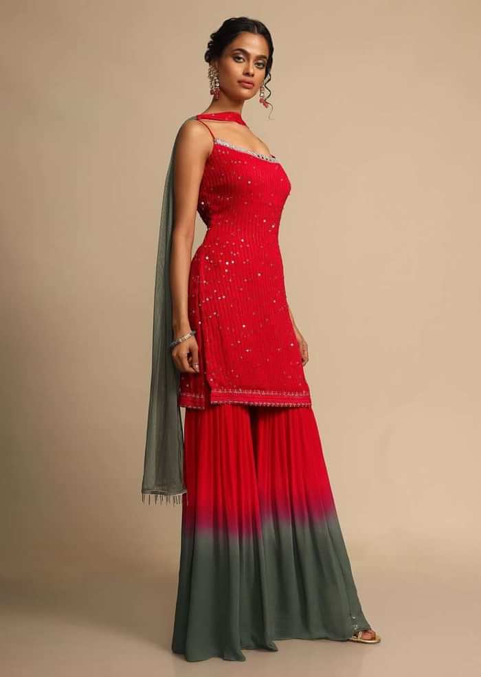 Red And Grey Shaded Sharara Suit In Georgette With Resham Embroidery  Online - Kalki Fashion