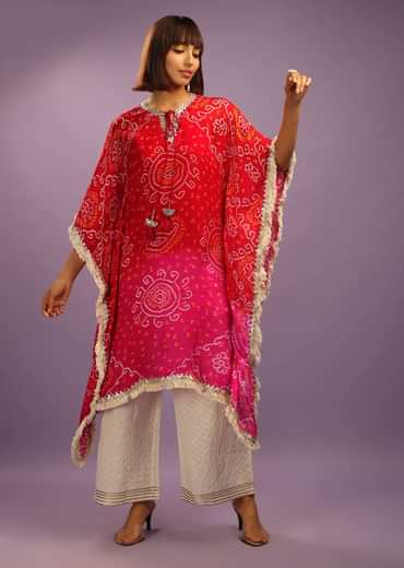 Red And Pink Shaded Kaftan Suit In Georgette With Real Bandhani And Gotta Patti Work