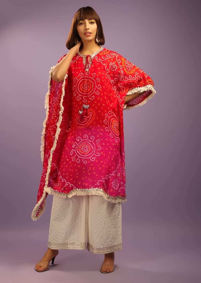 Red And Pink Shaded Kaftan Suit In Georgette With Real Bandhani And Gotta Patti Work